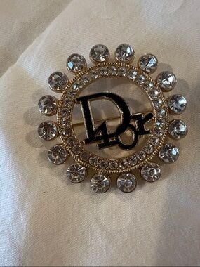 Dior Gold-Tone Logo Brooch with Clear Crystals